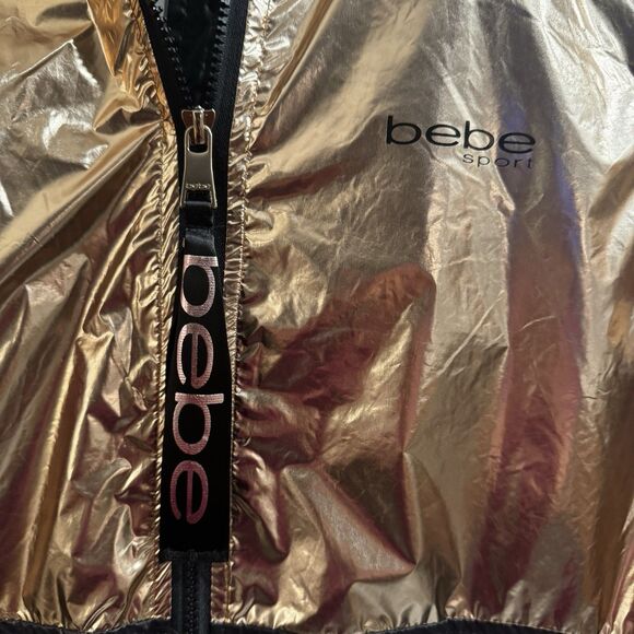 NWT Bebe Sport Womens Gold Hooded Metallic Full Zip Windbreaker Jacket Large - Picture 5 of 16